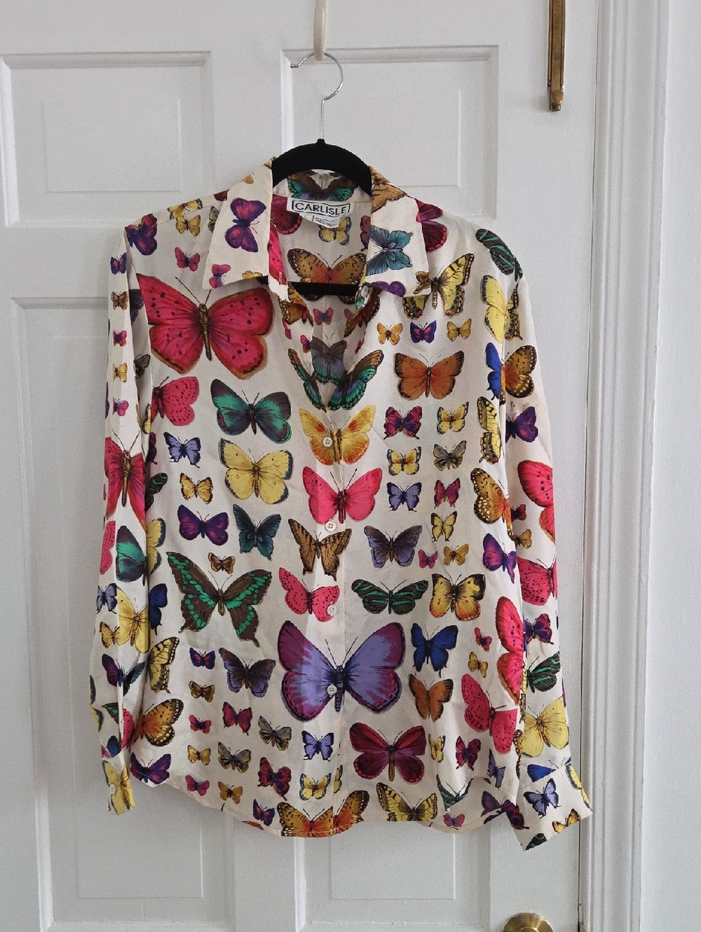 Caruso White Button-Front Blouse with Multicolor Butterfly Print